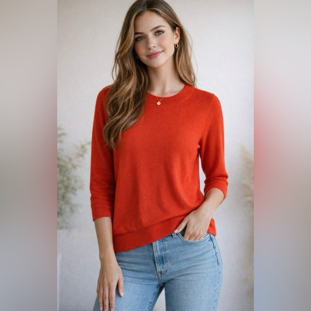 J. Crew Sweater Crewneck 3/4 Sleeves Orange 100% Wool Pullover Size S